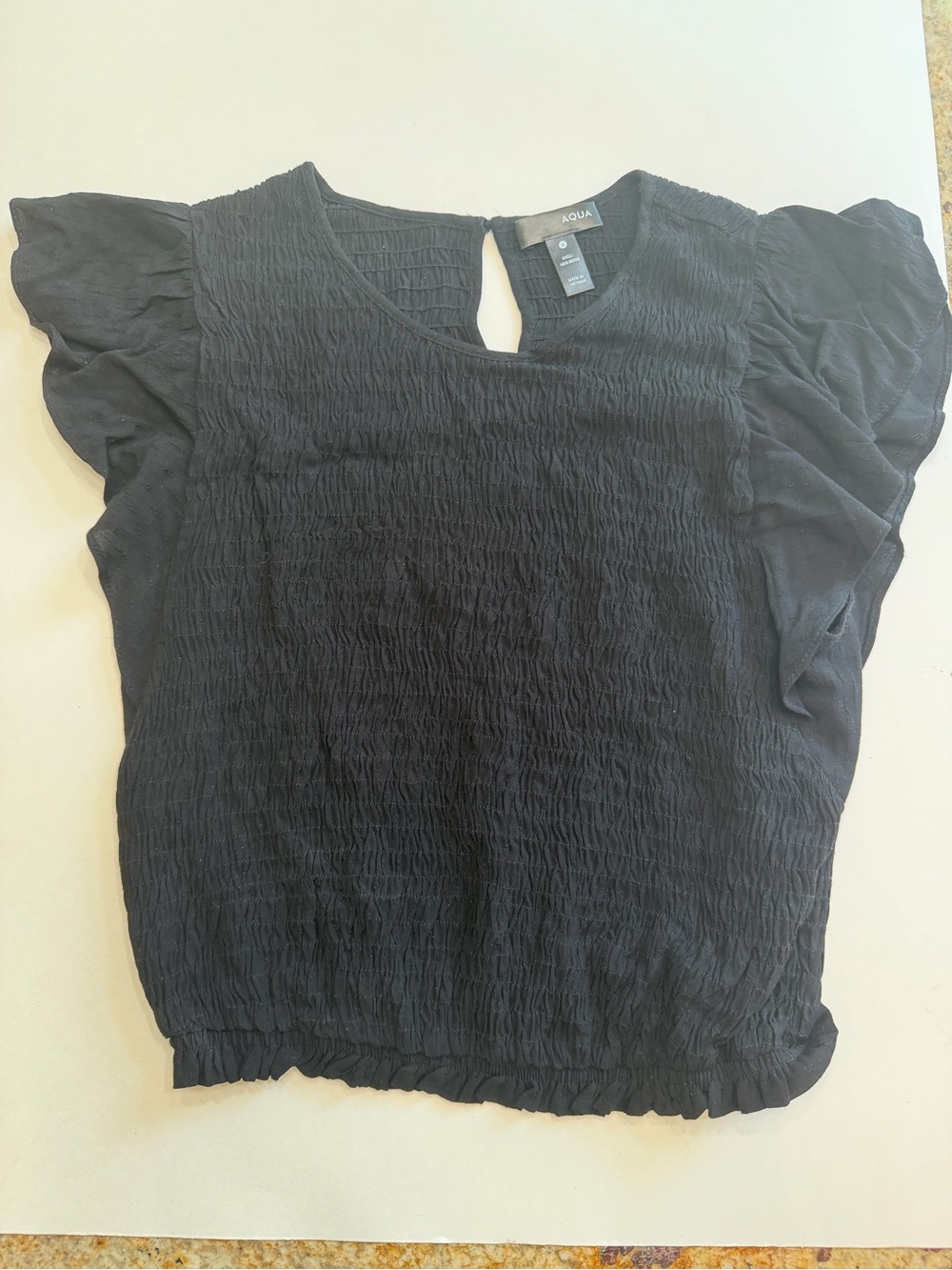 AQUA Black Smocked Flutter Sleeve Blouse Size Small
